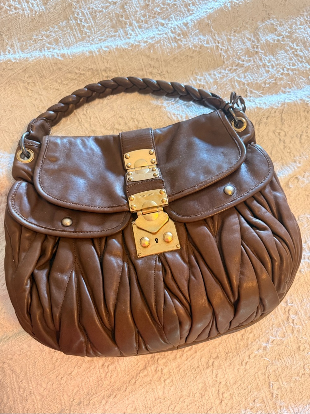 Miu Miu Coffer Brown Braided-Handle Leather Satchel with Gold Hardware